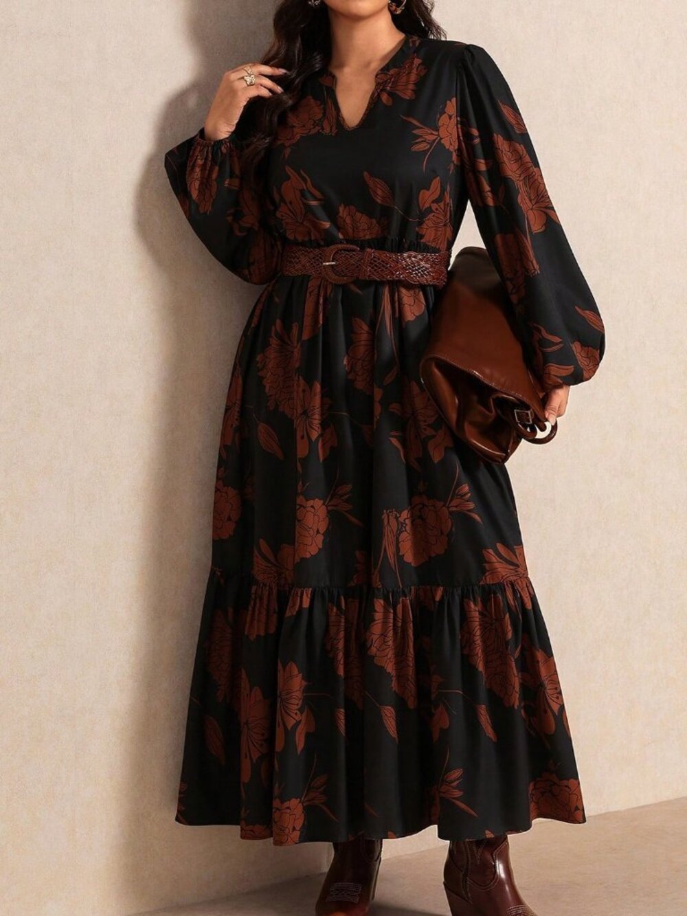Multicolor Elegant Women's Plus Size Floral V-Neck Long A-Line Dress - Picture 5 of 7